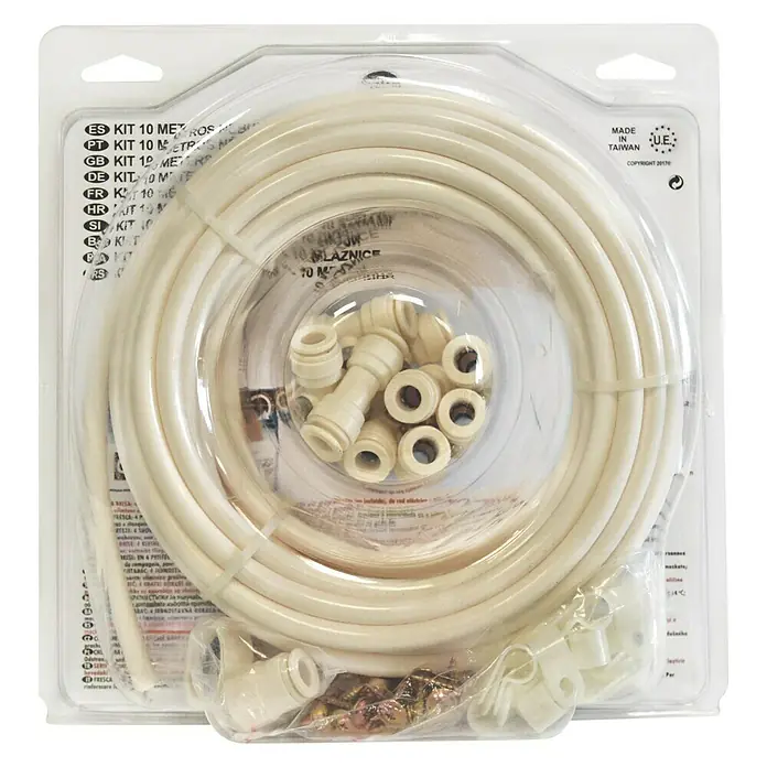 Set de nebulización kit con programador - Longitud del tubo: 10 m, Programador, Presión de funcionamiento: 3 bar - 8 bar, 54 pzs. - Kit con manguera de 10 metros, conectores y accesorios de montaje en embalaje transparente para instalación sanitaria.