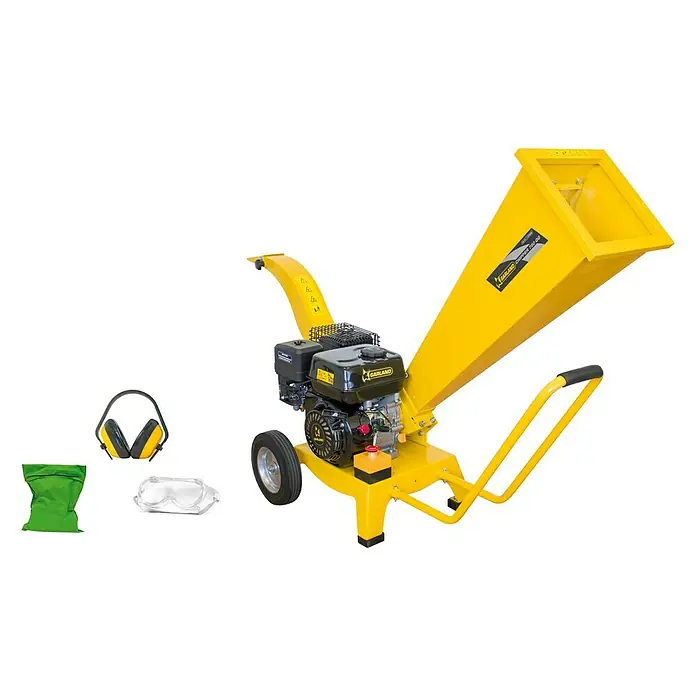 Garland Biotrituradora de gasolina 780 QG-V17 - Grosor de rama máx.: 6 cm, 4,3 kW, Cilindrada: 212 cm³ - Trituradora Garland amarilla con gafas de seguridad, orejeras y saco de arena para un uso seguro en jardinería.