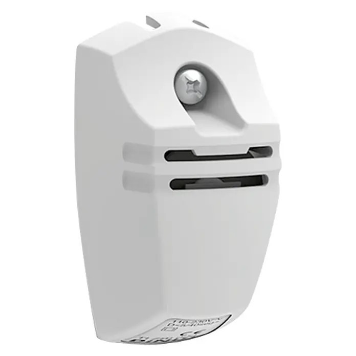 Dinuy Timbre con hilos Zumbi - IP20 - Primer plano de un dispositivo sensor inteligente para el hogar blanco con un tornillo y ranuras, mostrando un diseño moderno y funcionalidad.