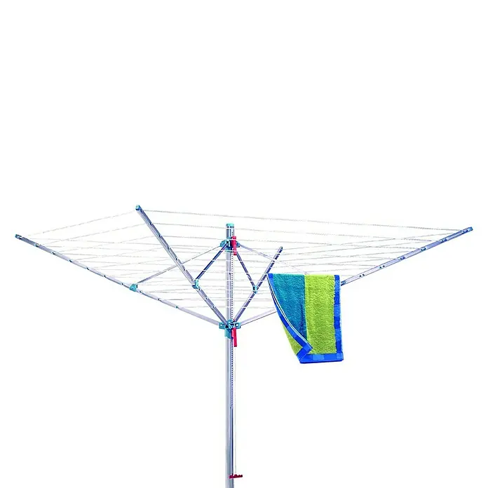 Blome Wäschespinne Medium Plus - Geeignet für Anzahl Waschmaschinenfüllungen: 5 Stk. - 6 Stk., Länge Wäscheleine: 60 m, Durchmesser offen: 3 m - Wäschespinne mit einem blau-grünen Handtuch zum Trocknen von Kleidung im Freien, ideal für jeden Garten.