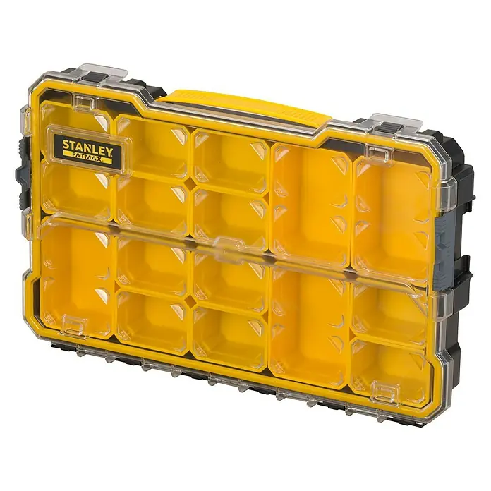 Stanley FatMax Kleinteilekoffer - Anzahl Fächer: 14 Stk. - Stanley Fatmax Organizer-Box: Gelbe Aufbewahrungsbox mit Fächern und transparentem Deckel für Kleinteile.