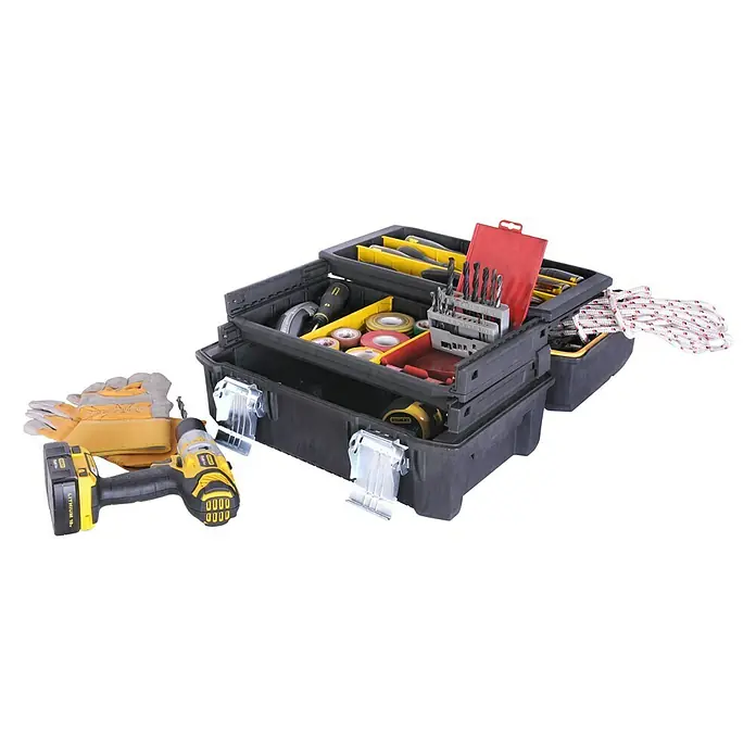 Stanley FatMax Werkzeugkasten Fatmax Cantilever 18“ - Kunststoff - Werkzeugkasten mit Akkuschrauber, Handschuhen und verschiedenen Werkzeugen für Heimwerker und Profis.