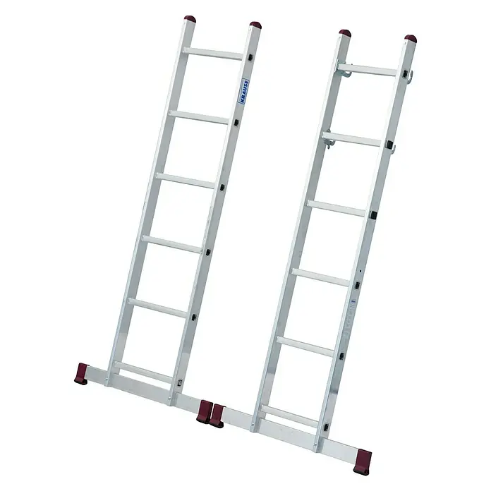 Krause Corda LeitergerüstArbeitshöhe: 2,95 m - 3,75 m, Bühnengröße: 1,47 x 0,5 m, Belastbarkeit: 150 kg/m², 12 Stk. - Zwei silberne Sprossenleitern mit roten Endkappen, ideal für verschiedene Höhenarbeiten im Innen- und Außenbereich.