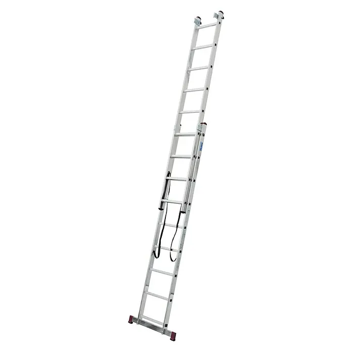 Krause Corda Escalera multiusos - Altura de trabajo: 6,2 m, Número de peldaños: 27 ud., Carga soportada: 150 kg, Aluminio - Una escalera de extensión plateada con peldaños y correas de seguridad, ideal para tareas en altura interiores y exteriores.