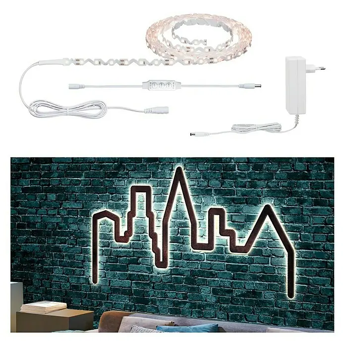 Paulmann Tira LED Set básico FlexLED 3D - Largo: 5 m, Color de luz: Blanco cálido, 10,5 W - Tira LED para una silueta luminosa, ideal para montaje en pared. El juego incluye adaptador de corriente y cables para una fácil instalación.