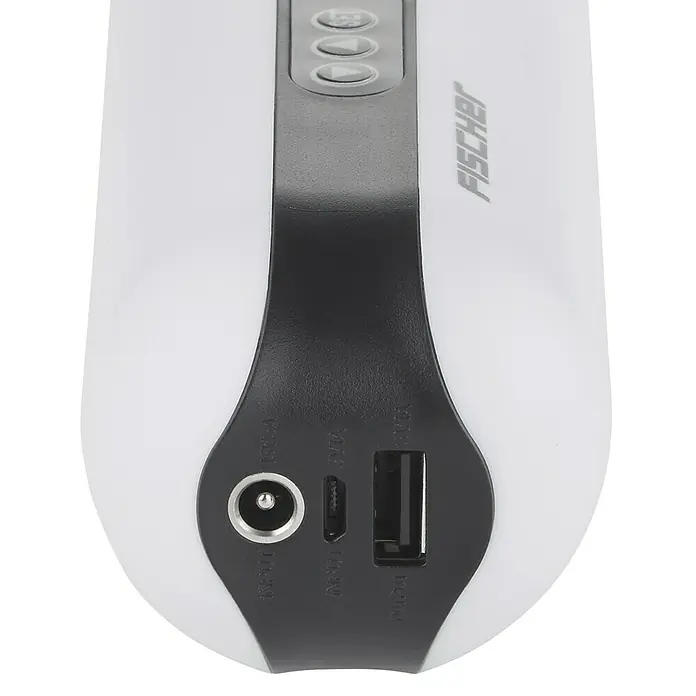 Fischer Akku-Kompressor - Passend für: Sclaverand/Dunlop Ventile, 10,3 bar, LC-Display - Nahaufnahme des Fischer-Produkts mit verschiedenen Anschlüssen und Bedienelementen.