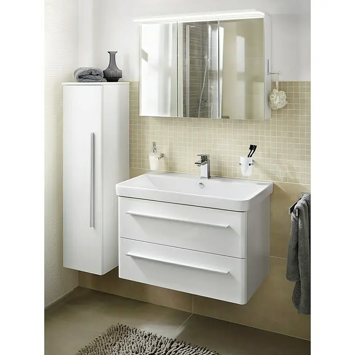 Lanzet Modern 3.0 Waschtischunterschrank - B x T x H: 76 x 44,5 x 48,7 cm, Weiß - Das Badezimmer verfügt über einen Waschtisch mit zwei Schubladen und einem Spiegelschrank, der für eine moderne Ästhetik sorgt.