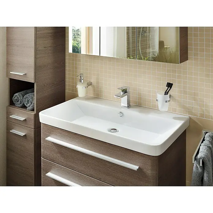 Lanzet Modern 3.0 Waschtischunterschrank - B x T x H: 76 x 44,5 x 48,7 cm, Eiche Maron - Das moderne Badezimmer-Waschbecken mit Unterschrank und Armatur präsentiert sich in stilvollem Design mit praktischen Details.