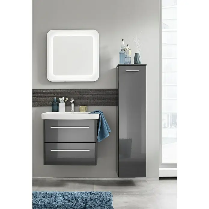 Lanzet Modern 3.0 Waschtischunterschrank - B x T x H: 56 x 44,5 x 48,7 cm, Grafit - Modernes Badezimmer-Waschtischset in Grau mit LED-Spiegel und hohem Schrank für ein stilvolles und praktisches Badezimmerdesign.