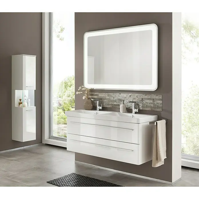Lanzet Modern 3.0 Waschtischunterschrank - B x T x H: 115,8 x 44,5 x 48,7 cm, Weiß - Modernes Badezimmer-Set mit Doppelwaschtischunterschrank in Weiß Hochglanz, LED-Spiegel und passendem Hochschrank. Elegantes Design für Ihr Bad.