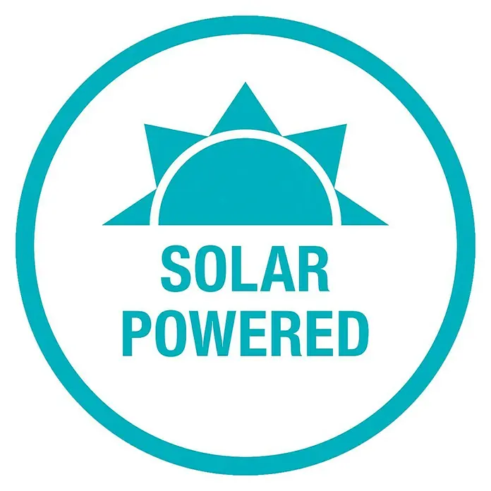 Gardena Bewässerungs-Set AquaBloom - Solarbetrieben - Abbildung eines Symbols für Solarenergie mit stilisiertem Sonnensymbol und dem Schriftzug "SOLAR POWERED" in einem türkisfarbenen Kreis.