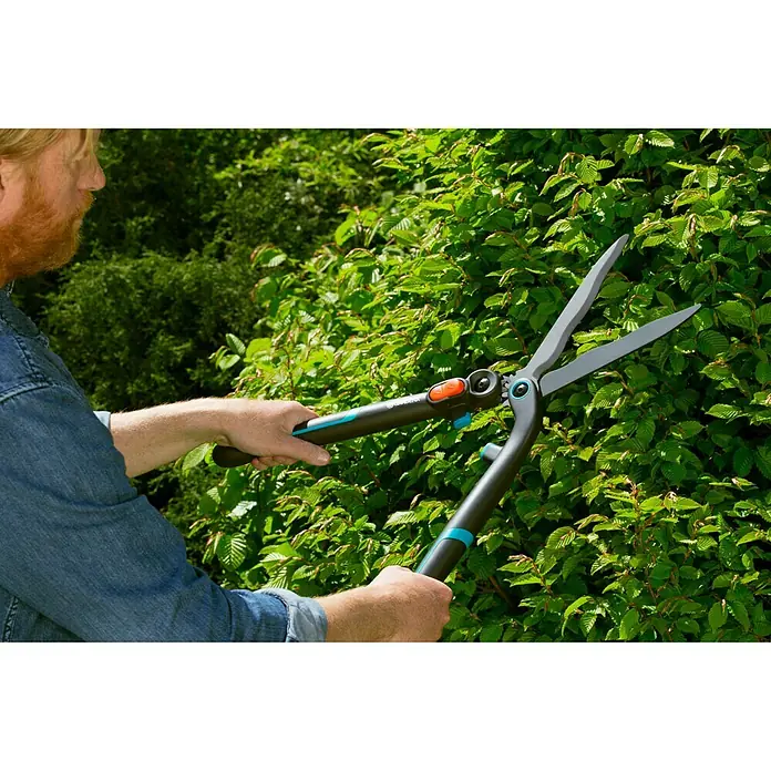 Gardena EnergyCut HeckenschereKlingenlänge: 23 cm - Eine Person benutzt eine Gardena Gartenschere, um eine Hecke zu schneiden. Das Werkzeug ist schwarz mit blauen und orangefarbenen Akzenten.