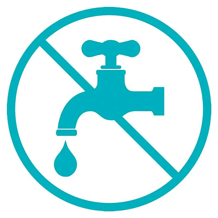 Gardena Bewässerungssteuerung AquaBloomSolarbetrieben - Blaues Symbol, das einen Wasserhahn mit Tropfen in einem Kreis mit Querbalken darstellt: kein Wasser verschwenden, bitte!