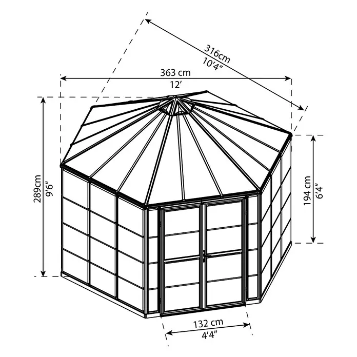 Palram – Canopia Invernadero Oasis - Medidas ext. (An x Pr): 316 x 362,8 cm, 0,7 mm, Antracita - Ilustración de una caseta de jardín octogonal con dimensiones de altura, anchura y diagonal.