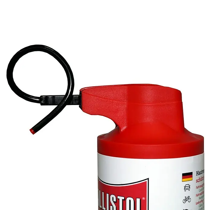 Ballistol Universalöl VarioFlex - 350 ml, Spray - Nahaufnahme einer Dose Ballistol Universalöl mit rotem Sprühkopf und schwarzem Schlauch.