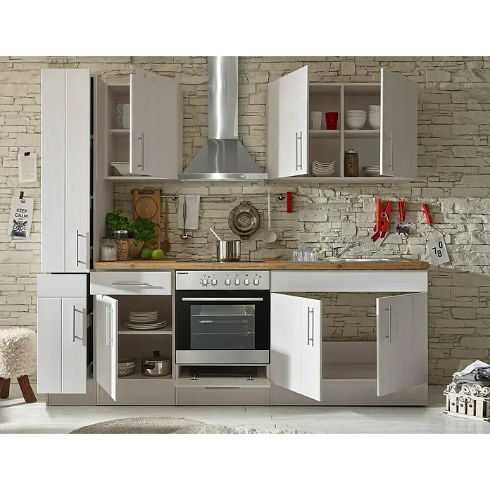 Respekta Premium Küchenzeile Anton - Breite: 240 cm, Weiß, Mit Elektrogeräten - Eine moderne Küche in Weiß mit Holz-Arbeitsplatte und verschiedenen Schränken, teilweise geöffnet, präsentiert Geräte und Utensilien.