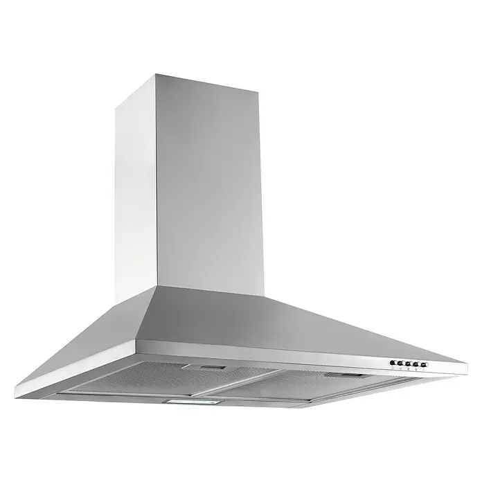 Respekta Premium Küchenzeile Anton - Breite: 300 cm, Weiß, Mit Elektrogeräten - Nahaufnahme einer modernen Dunstabzugshaube aus Edelstahl mit klarem Design und effektiver Beleuchtung.