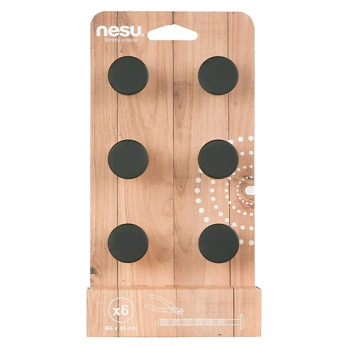 Nesu Pomo para muebles 34722 6 uds. - 6 ud., Ø x Al: 25 x 25 mm, Acero - Un paquete de seis ganchos de pared Nesu negros y redondos sobre un embalaje con vetas de madera. Tornillos incluidos.