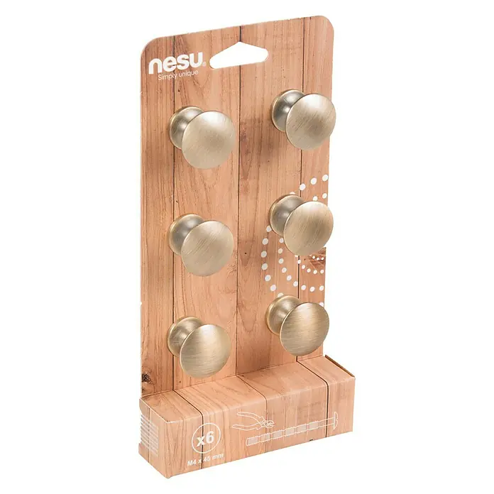Nesu Pomo para muebles 25315 6 uds. - 6 ud., Ø x Al: 30 x 27 mm, Acero - Paquete de seis pomos de latón 'nesu' sobre cartón imitación madera, con fijaciones y símbolo de herramienta.