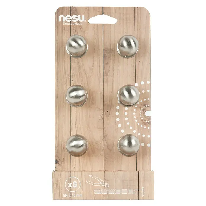 Nesu Pomo para muebles 24516 - 6 ud., Ø x Al: 23 x 27 mm, Acero, Niquelado - Paquete de seis pomos de muebles Nesu plateados, M4 x 45 mm, diseñados para una fácil instalación y mejora visual de los muebles.