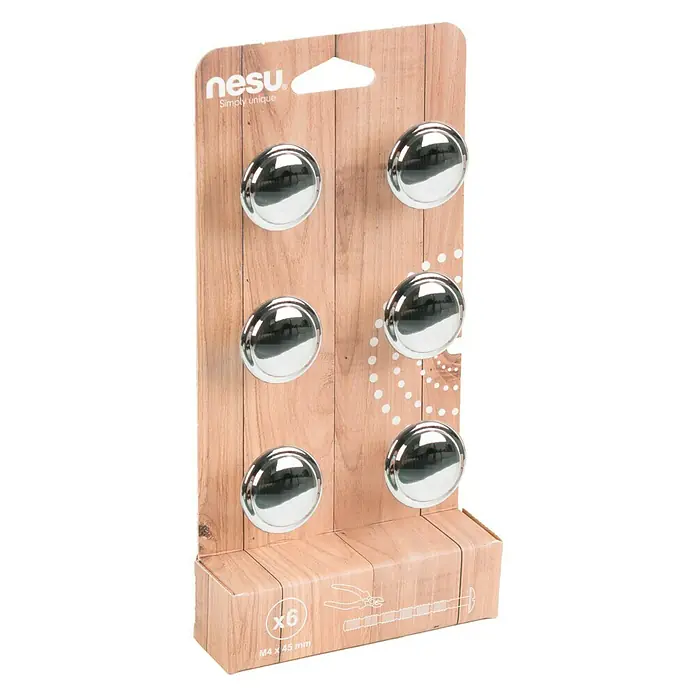 Nesu Pomo para muebles 1302 6 uds. - Ø x Al: 30 x 21 mm, Acero, Cromado - Primer plano de un paquete de seis pomos para muebles redondos de color plata de la marca nesu fijados a un cartón con efecto madera.