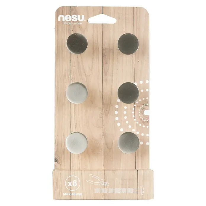 Nesu Pomo para muebles 30716 6 uds. - 6 ud., Ø x Al: 25 x 25 mm, Acero - Un paquete de seis ganchos de pared redondos Nesu, simplemente únicos y perfectos para la organización, visibles en el embalaje del producto.