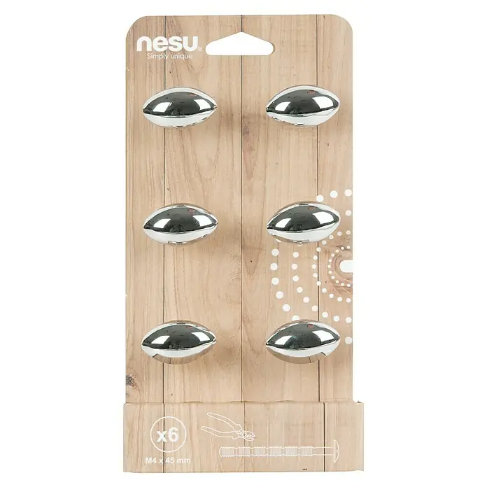 Nesu Tirador para muebles 4601 6 uds. - L x An x Al: 34 x 20 x 24 mm, Acero - Primer plano de un paquete que contiene seis pomos decorativos ovalados metálicos y brillantes. Ideal para mejoras de muebles y proyectos de bricolaje.