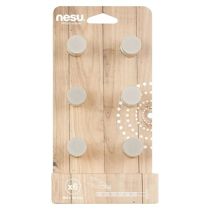 Nesu Pomo para muebles 20202 6 uds. - 6 ud., Ø x Al: 20 x 23 mm, Acero - Imagen de un paquete que contiene seis pomos de armario Nesu redondos de color plateado, incluyendo tornillos.