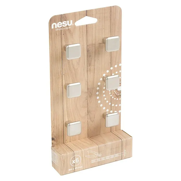 Nesu Tirador para muebles 3202 6 uds. - L x An x Al: 20 x 20 x 20 mm, Acero, Niquelado - Primer plano de un paquete de seis pomos cuadrados para muebles con tornillos.