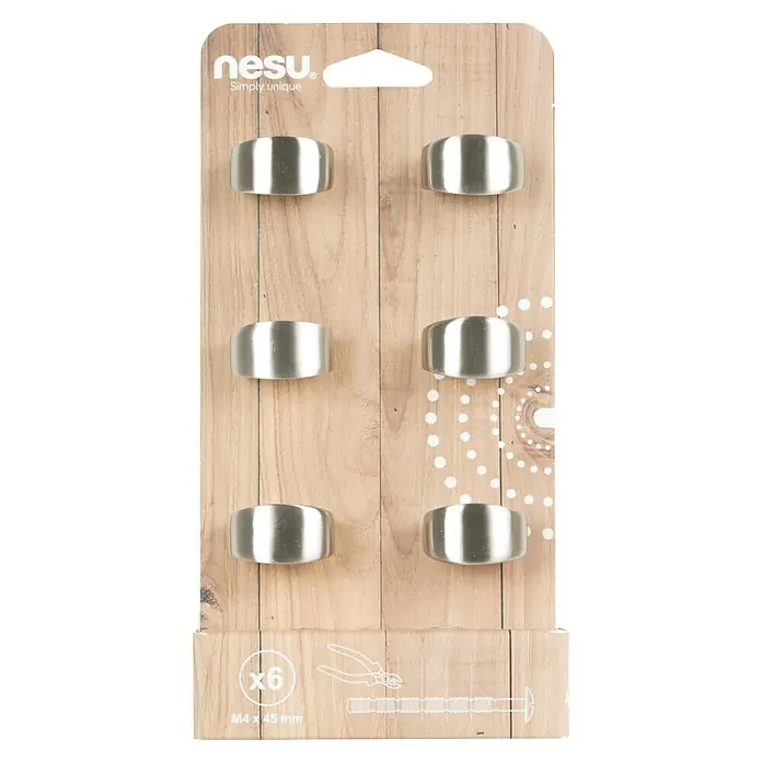 Nesu Tirador para muebles 29316 6 uds - L x An x Al: 3 x 1,2 x 1,9 cm, Acero - Imagen de un paquete de seis pomos para cajones "nesu", hechos de acero cepillado, con un diseño moderno y minimalista.