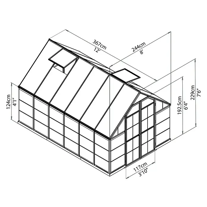 Palram – Canopia Gewächshaus Balance - Außenmaß inkl. Dachüberstand (B x T): 244 x 367 cm, 0,7 mm, Grün - Abbildung eines Gewächshauses mit Maßangaben zu Länge, Breite und Höhe in Zentimetern und Fuß.