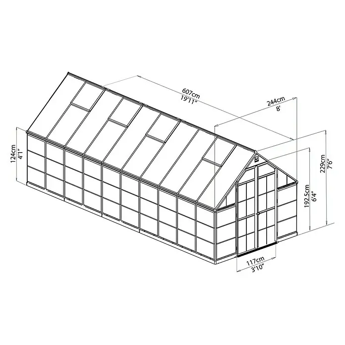 Palram – Canopia Gewächshaus Balance - Außenmaß inkl. Dachüberstand (B x T): 244 x 607 cm, 0,7 mm, Grün - Perspektivische Darstellung eines Gewächshauses mit Maßangaben zu Höhe, Breite und Länge in Zentimetern und Fuß.
