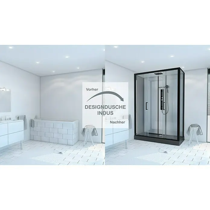 Aurlane Designdusche Indus160 x 85 x 215 cm, Anthrazit/Silbergrau - Vorher-Nachher-Vergleich einer Badezimmerrenovierung mit dem Fokus auf einer modernen Design-Dusche.