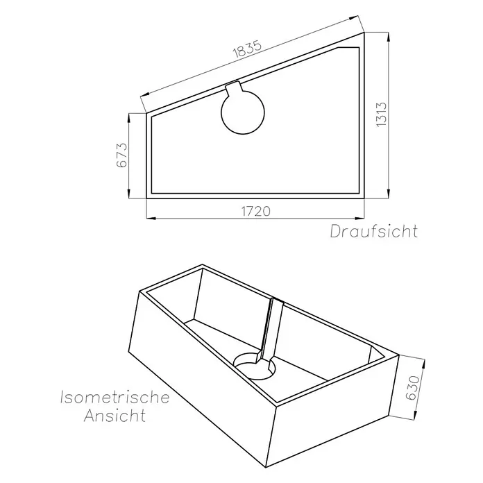Ottofond Badewannenträger Cebu 2 B - Passend für: Badewanne Cebu 2B 175 x 135/70 x 50 cm - Zeichnung einer Doppelspüle mit Abmessungen.