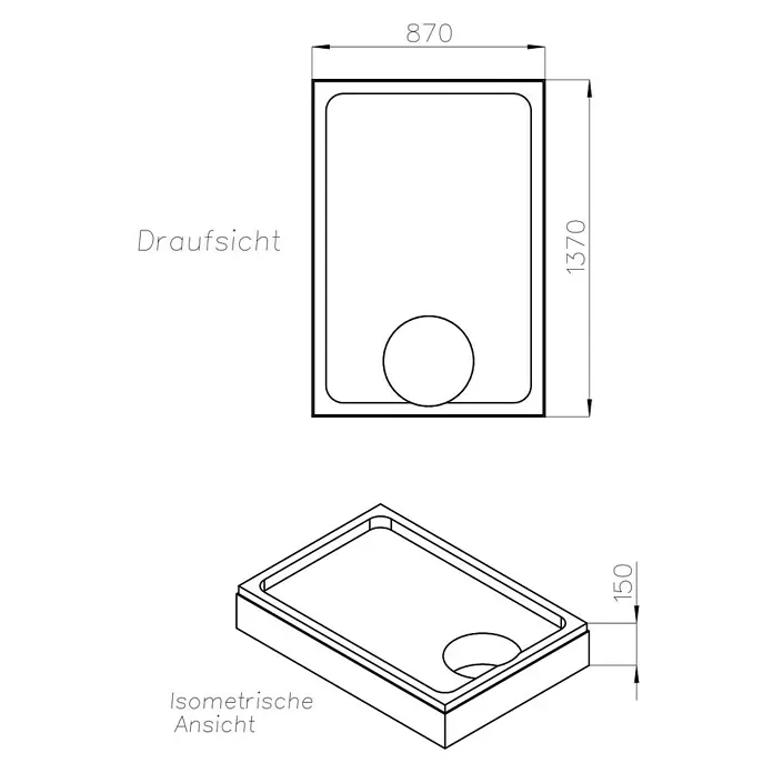 Ottofond Duschwannenträger Liberia - L x B: 137 x 87 cm, Expandiertes Polystyrol, Weiß - Abbildung einer Duschwanne mit den Maßen 870 x 1370 x 150 mm, dargestellt in Draufsicht und isometrischer Ansicht.