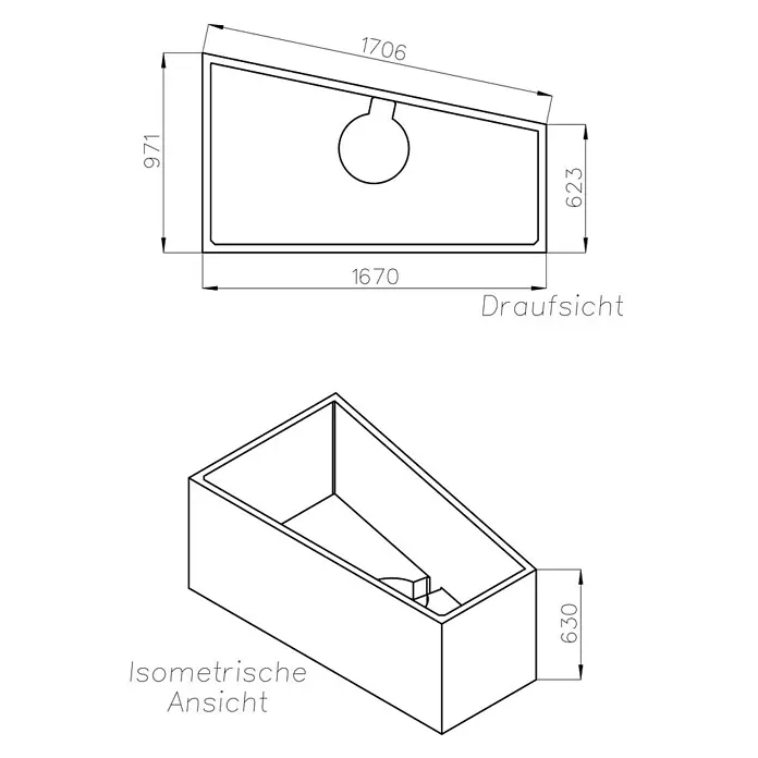 Ottofond Badewannenträger Cebu 1 A - Passend für: Badewanne Cebu 1A 170 x 100/65,5 x 50 cm - Draufsicht und isometrische Ansicht einer Badewanne mit den Maßen 1706 x 971 x 623 x 1670 x 630.