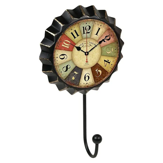 Nesu Garderobenhaken Uhr Farben - L x B x H: 190 x 110 x 45 mm, Anzahl Haken: 1 Stk. - Eine dekorative Wanduhr mit einem Kleiderhaken, die im Vintage-Stil gestaltet ist und ein charmantes Accessoire für jeden Raum darstellt.