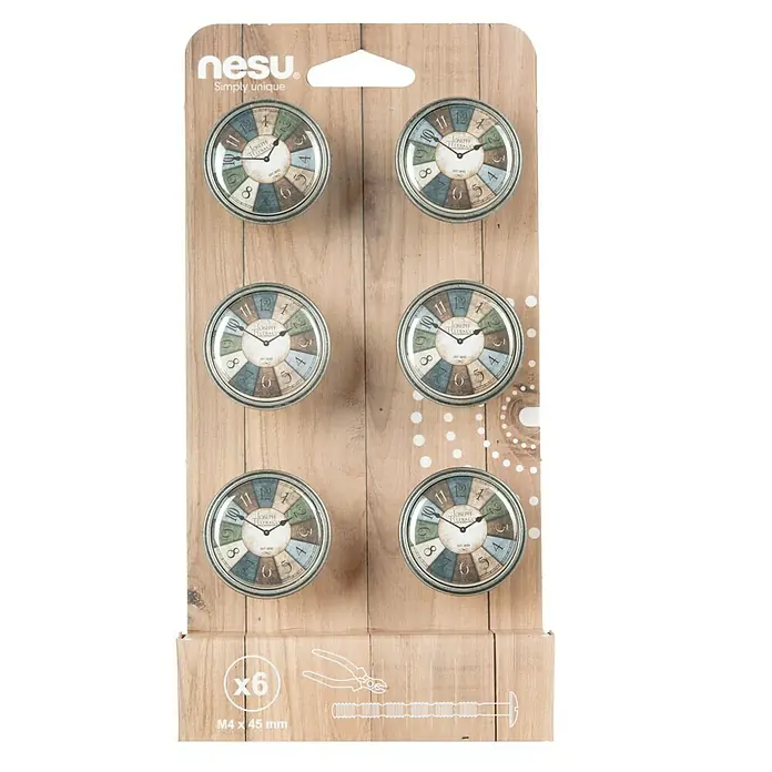 Nesu Pomo para muebles Reloj plateado 6 uds. - 6 ud., Ø x Al: 37 x 26 mm - Una foto de seis pomos de armario de estilo vintage, empaquetados en cartón con aspecto de madera.