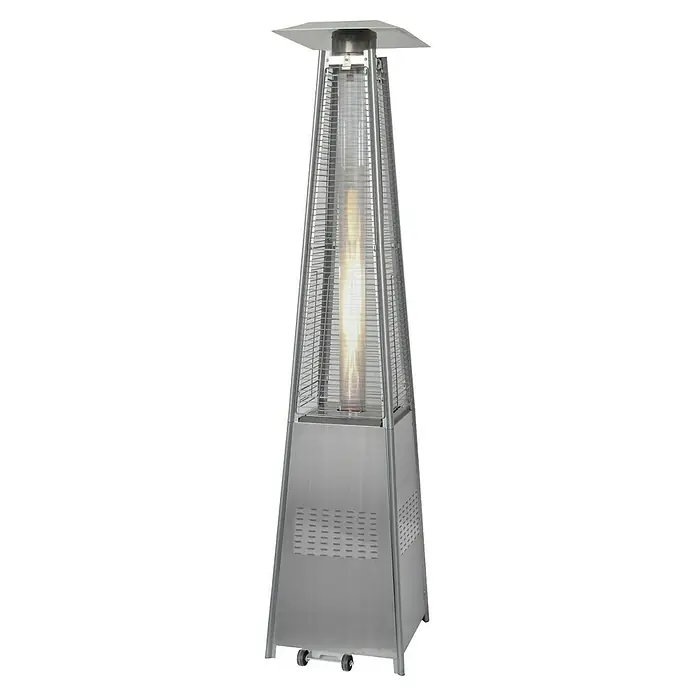 Estufa de exterior Seila - Potencia calorífica: 9,5 kW, Altura: 223 cm - Calefactor de exterior con diseño piramidal. El calefactor proporciona calor con su llama y está equipado con ruedas para fácil transporte.