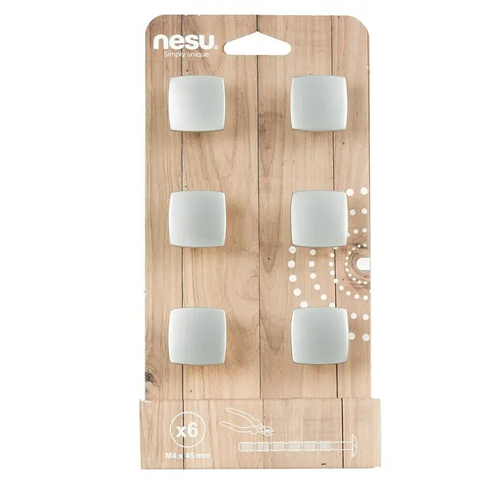 Nesu Tirador para muebles B6-28717-1 - L x An x Al: 2,5 x 2,5 x 1,9 cm, Acero, Cromado - Imagen de un paquete con seis pomos para muebles de la marca nesu, destacados por su diseño cuadrado y sencillo, ideales para renovar muebles.