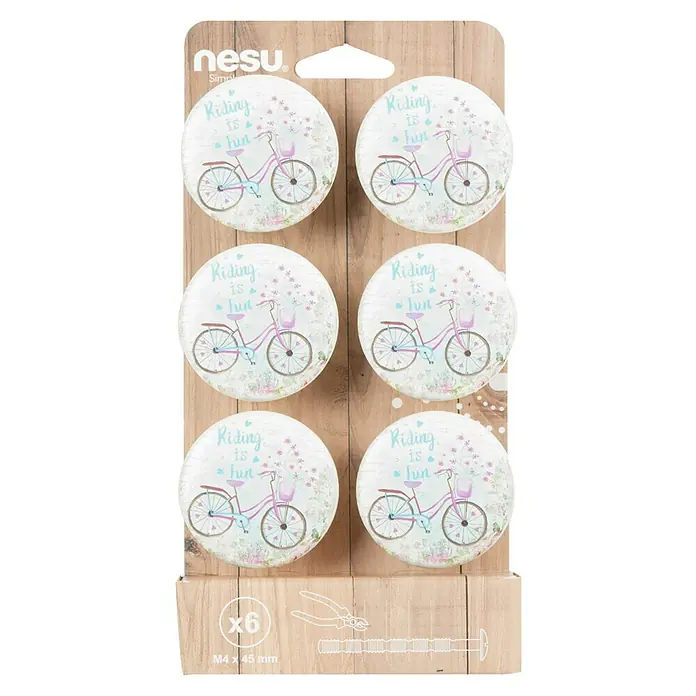 Nesu Pomo para muebles Bicis 6 uds. - 6 ud., Ø x Al: 50 x 24 mm, Plástico - Paquete de seis pomos para muebles con diseño de bicicleta. Un toque encantador y divertido para cualquier habitación infantil o proyecto de bricolaje.
