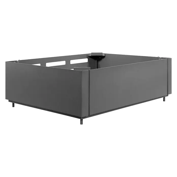 Justus Wärmespeicherblock E-Block - L x B x H: 40,5 x 50,5 x 17,4 cm - Nahaufnahme einer modernen, grauen quadratischen Feuerstellenbasis mit minimalistischem Design und stabilen Füßen für den Außenbereich.