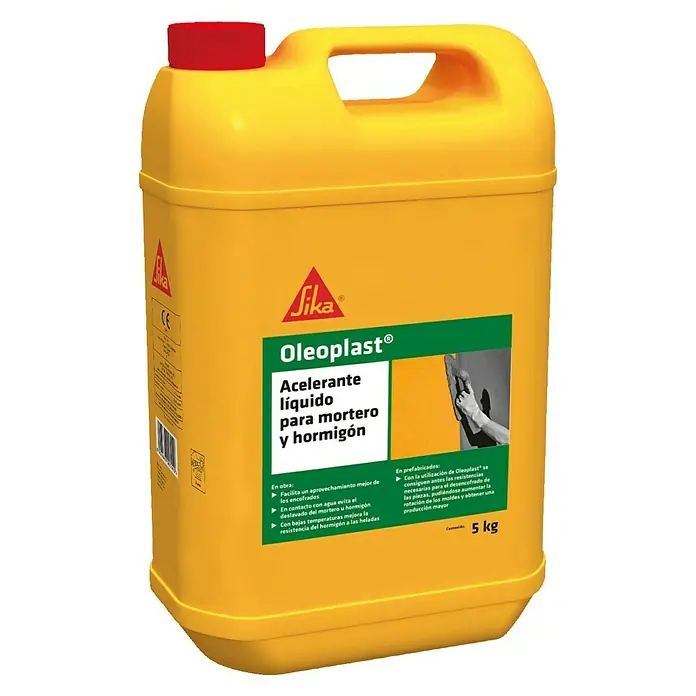 Sika Aditivo para mortero Oleoplast - Masa neta: 5 kg - Garrafa amarilla de 5 kg de acelerante Sika Oleoplast para mortero y hormigón, ideal para obras y prefabricados.