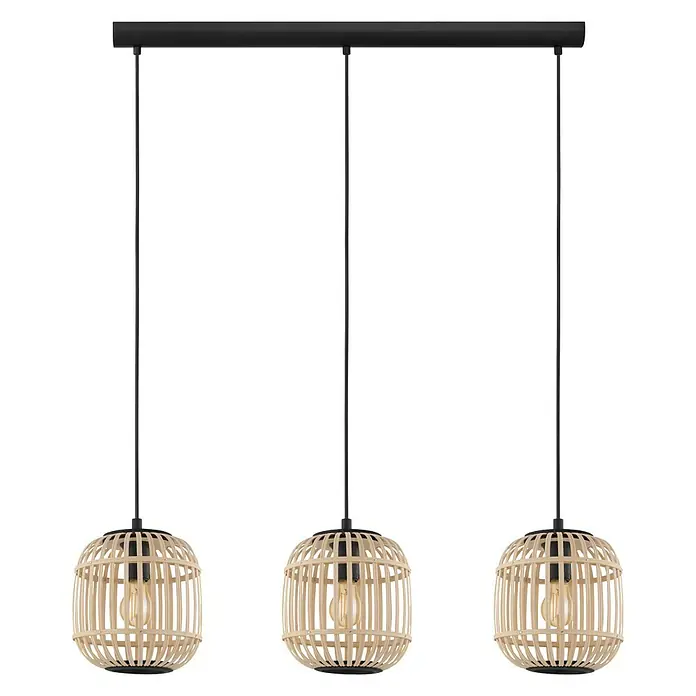 Eglo Bordesley Lámpara colgante redonda - 28 W, L x An x Al: 91 x 210 x 110 cm, Marrón claro, E27 - Lámpara colgante con tres luces de diseño de ratán con detalles en negro, ideal para una iluminación elegante.
