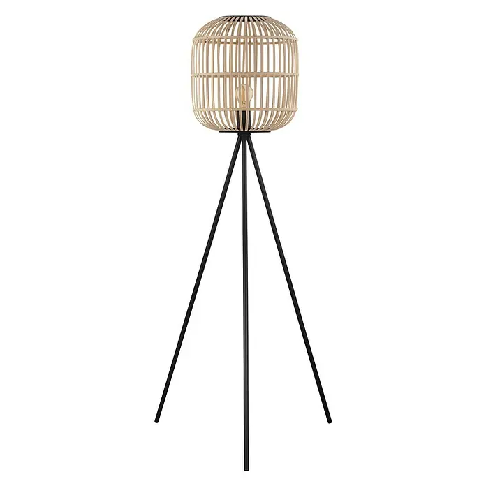 Eglo Bordesley Lámpara de pie - 28 W, Altura: 139 cm, Marrón claro, E27 - Elegante lámpara de pie con una pantalla de madera natural y una base trípode negra y elegante. Un elemento de iluminación para cualquier espacio.