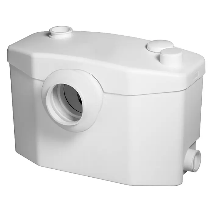 SFA Sanibroy Kleinhebeanlage Pro XR - Max. Förderhöhe: 5 m, Max. Förderweite: 90 m - Eine Nahaufnahme einer weißen Hebeanlage, die für den Einsatz in Badezimmern und anderen Sanitärbereichen konzipiert ist.