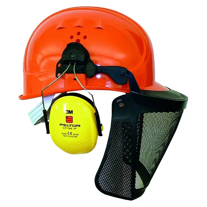 Bullstar Forst-Schutzhelm Peltor Master - Orange - Ein orangefarbener Schutzhelm mit gelben 3M Peltor Optime I Kapselgehörschützern und einem schwarzen Netzvisier für optimalen Schutz.