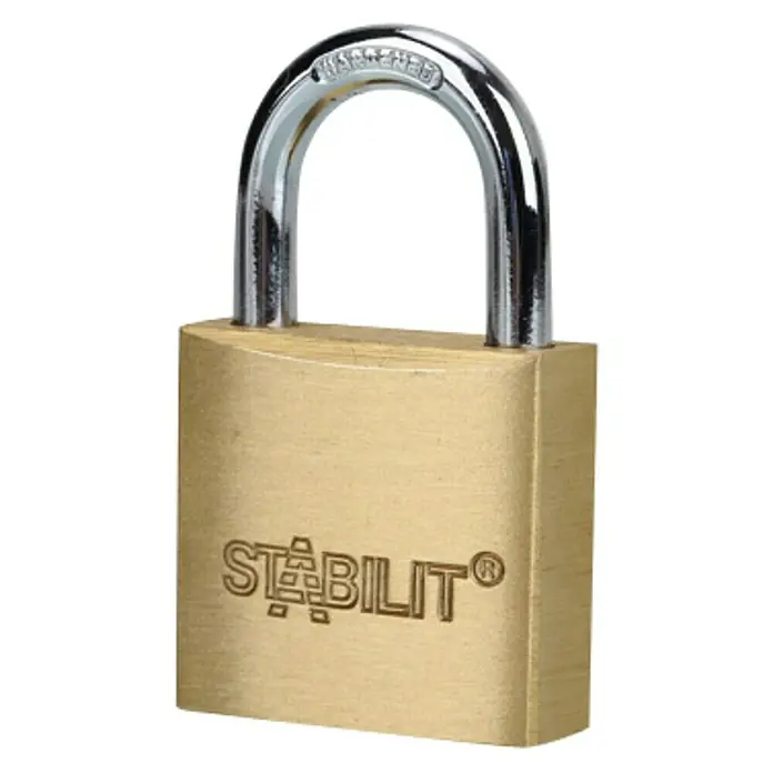 Stabilit Candado M30 - Ancho: 30 mm, Espesor de estribo: 4,8 mm - Primer plano de un candado Stabilit® dorado con un grillete brillante y endurecido, ideal para el almacenamiento seguro de objetos de valor.