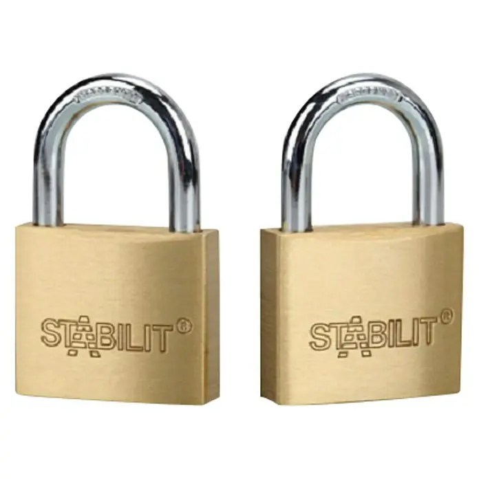 Stabilit Juego de candados - Ancho: 40 mm, 2 ud. - Dos candados Stabilit de color dorado con grilletes plateados brindan seguridad para sus objetos de valor.