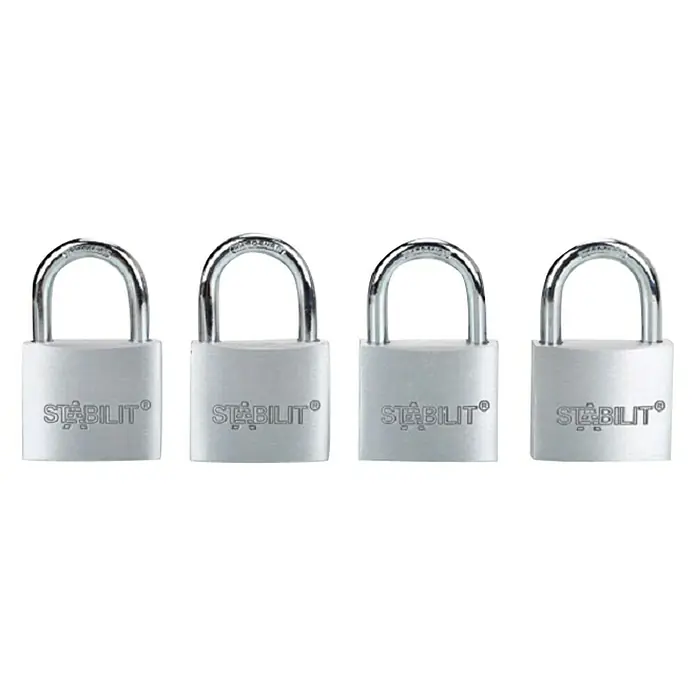 Stabilit Juego de candados - 4 ud., Ancho: 40 mm - Cuatro candados Stabilit plateados alineados, ideales para seguridad y protección contra robos. Ofrece una solución segura.